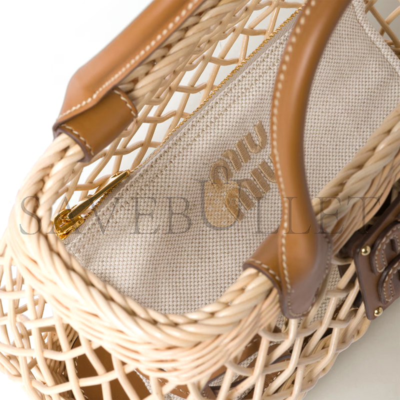 MIU MIU WOVEN FABRIC HANDBAG WITH LEATHER TRIM 5BA286 (23.5*18*9cm)